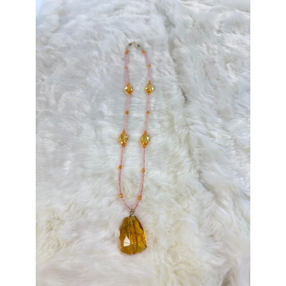 Handmade Amber Crystal Wire Wrapped Beaded Eyeglass Chain Necklace Pink Gold